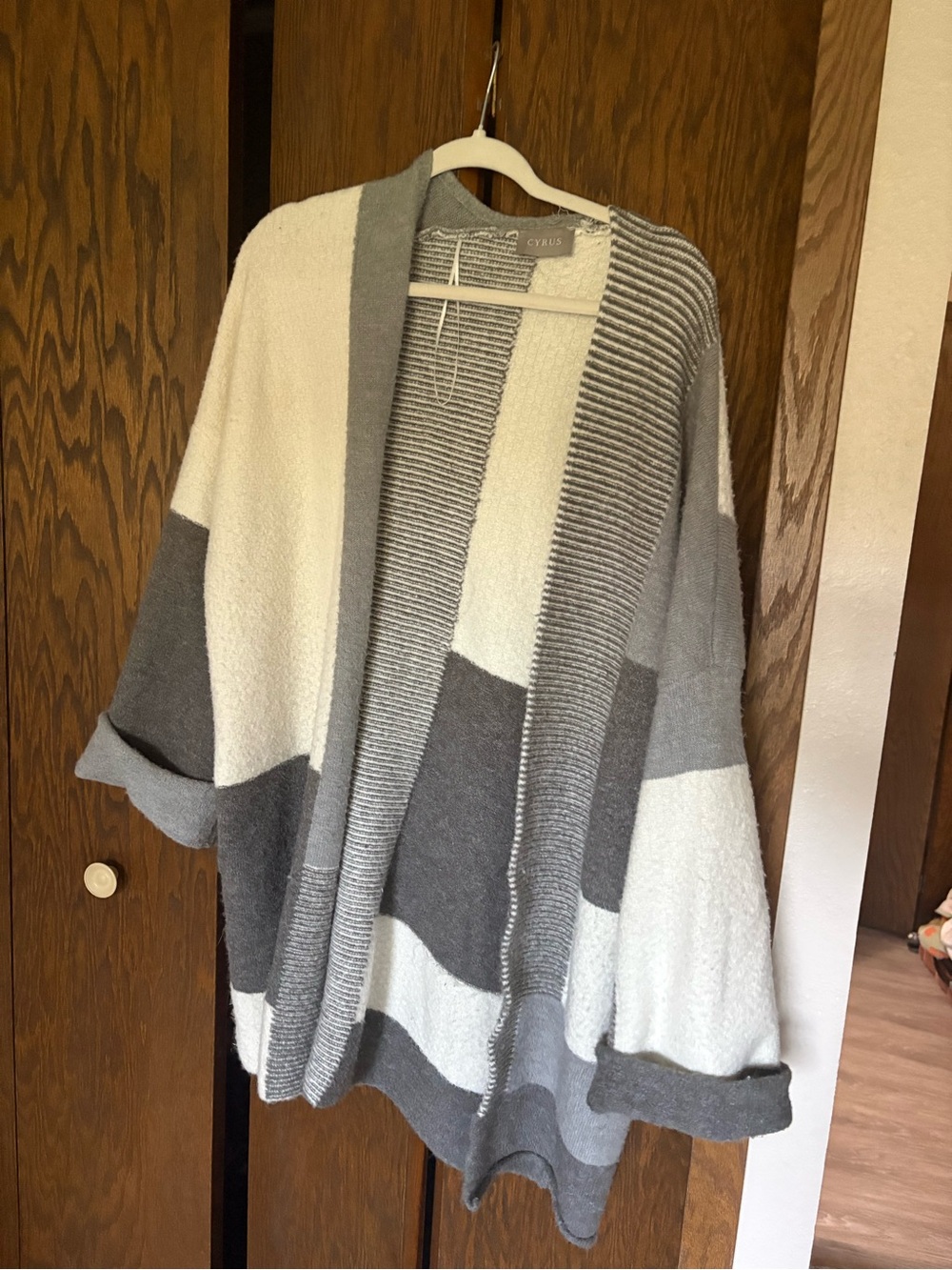 Cyrus Gray & White Colorblock Open-Front Cardigan